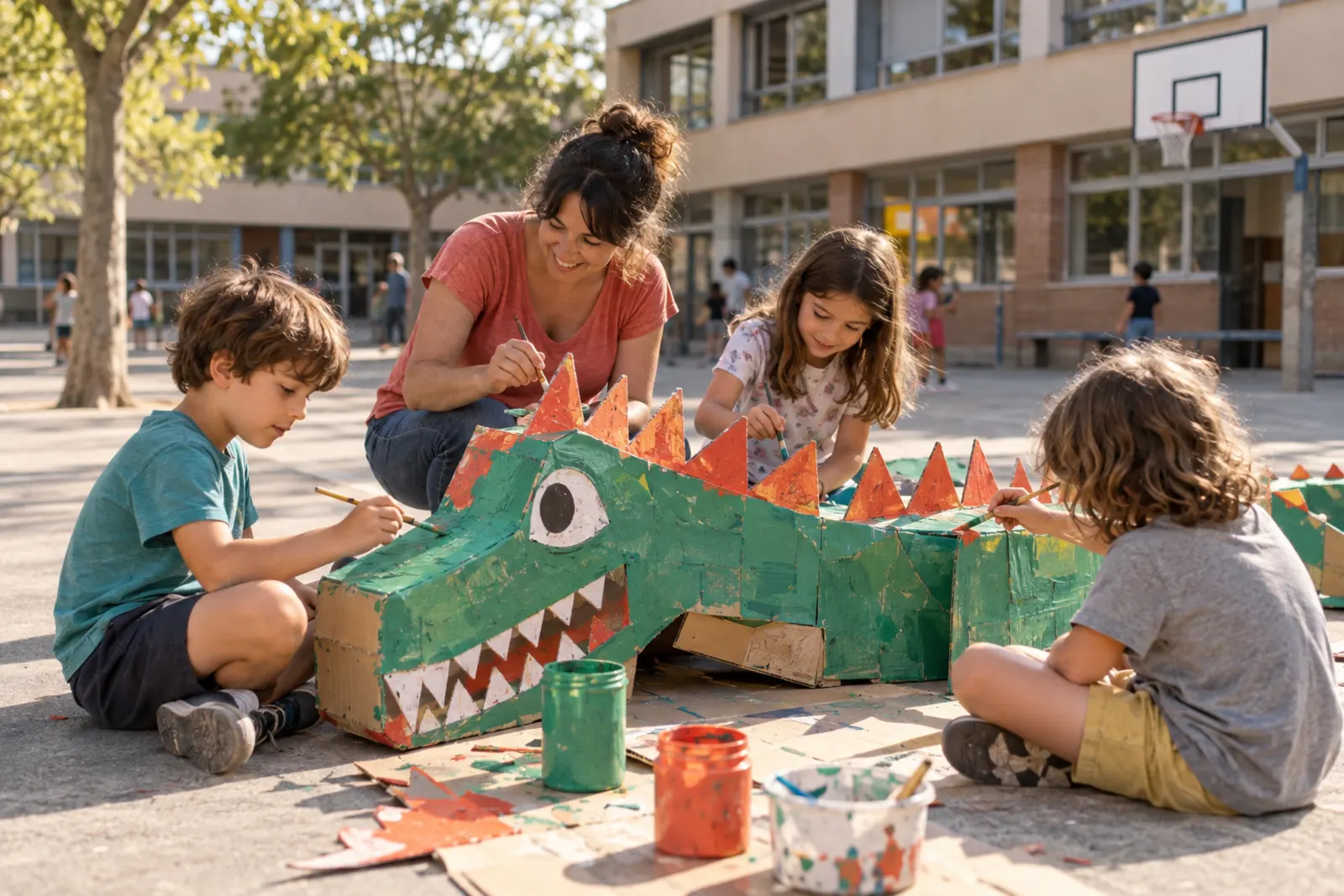 Tres infants i una mare pinten un drac de cartró al pati de l’escola. Imatge generada.