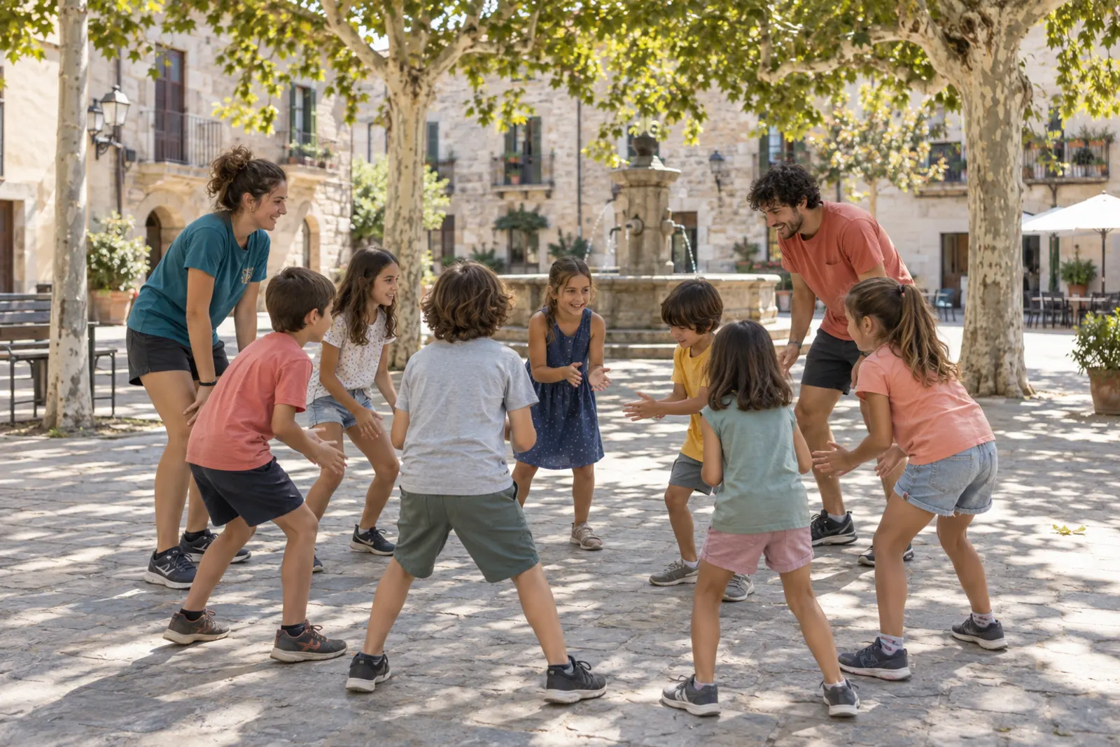 Un grup d’infants i dues monitores juguen en rotllana a la plaça d’un poble. Imatge generada.