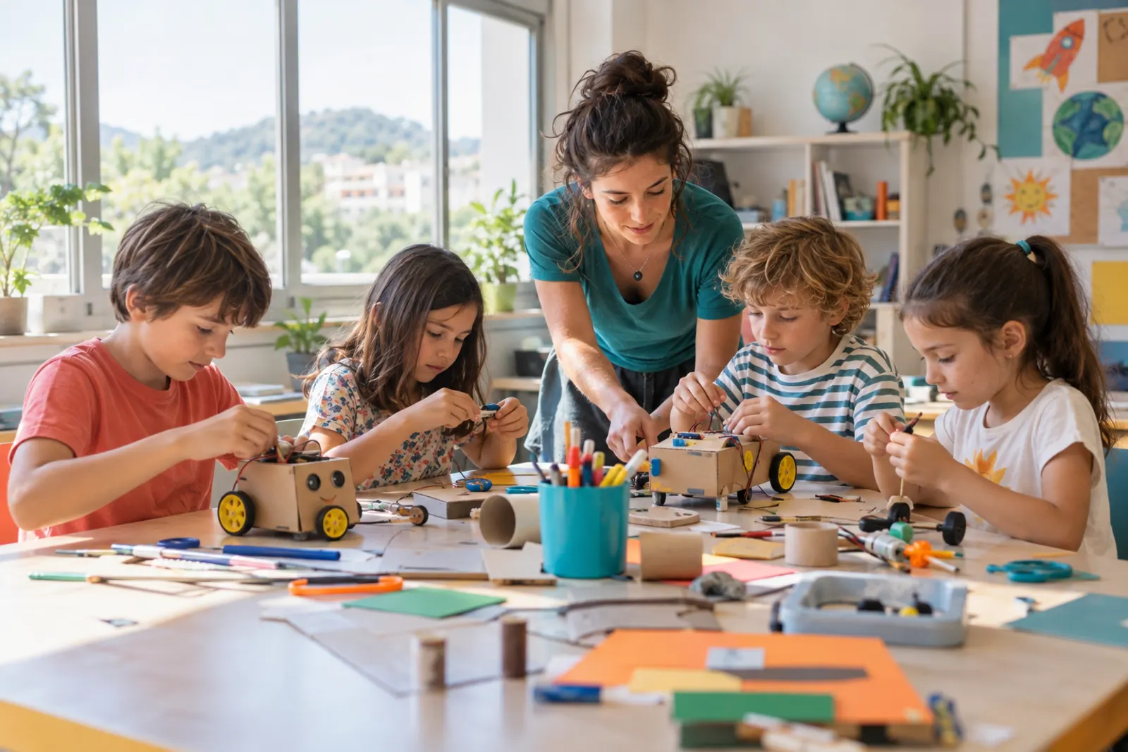 Quatre infants construeixen robots de cartró en un taller de ciència. Imatge generada.
