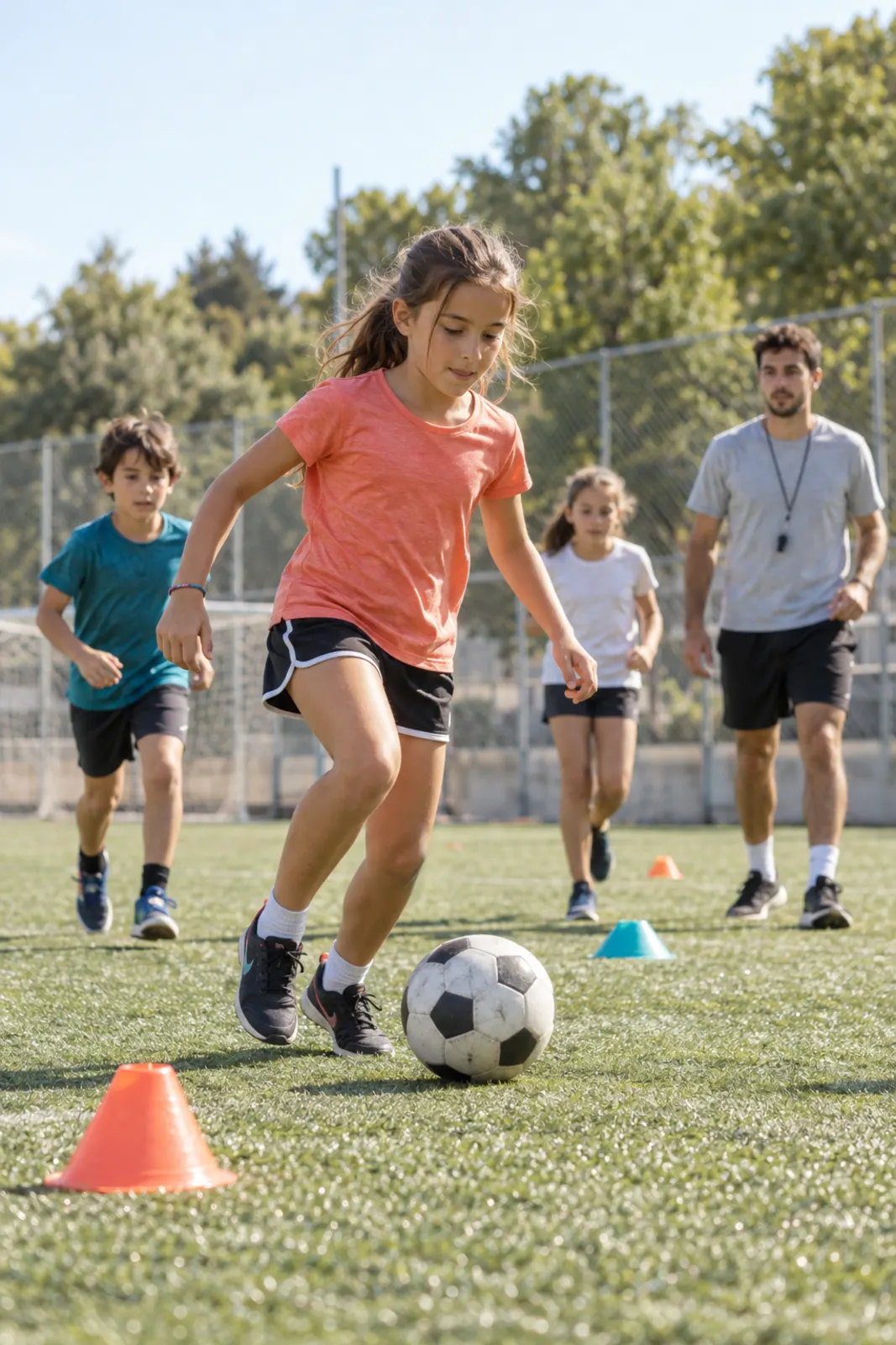 Una nena condueix la pilota en un camp de futbol durant un campus d’estiu. Imatge generada.