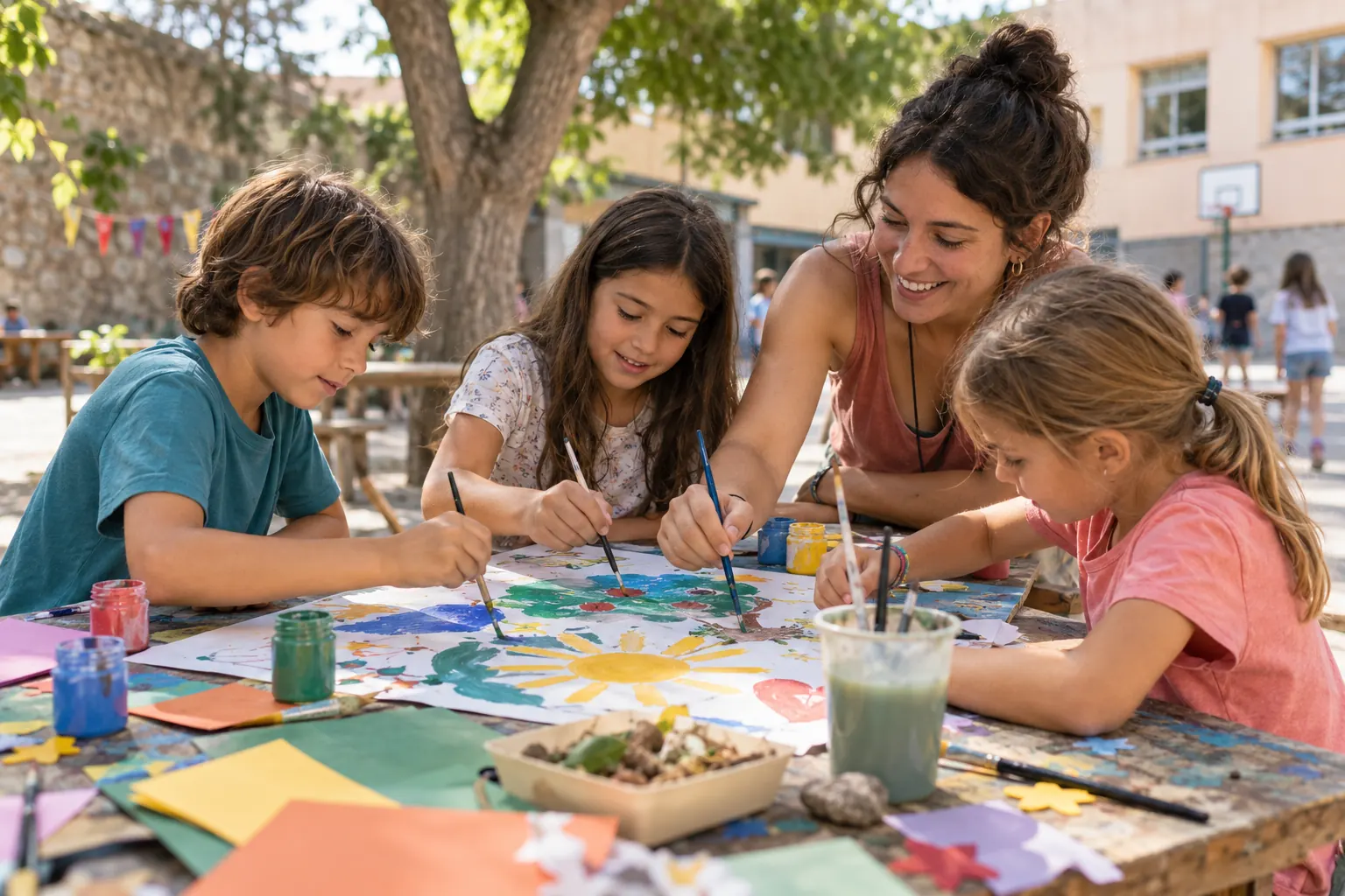 Una monitora pinta un mural amb tres infants en un pati. Imatge generada.